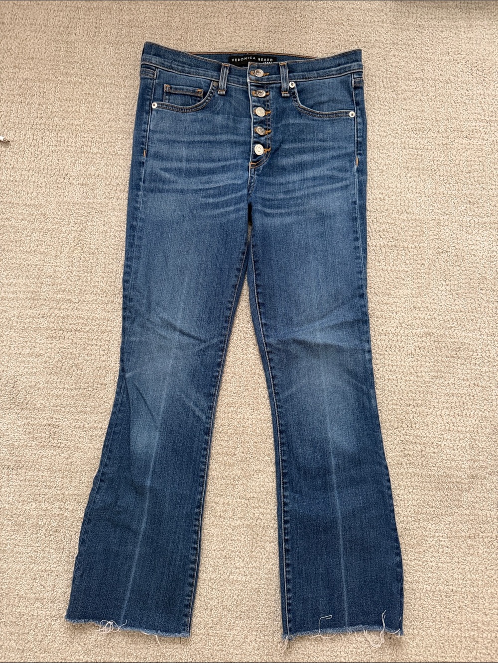 Veronica Beard Dark Blue Button-Front Flare Jeans